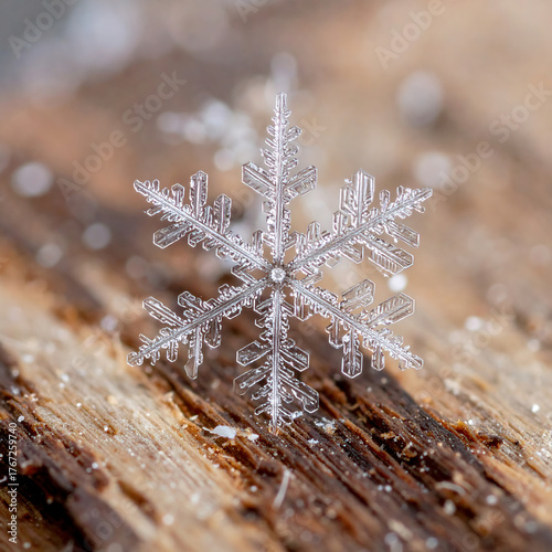 Macro photograph of a delicate crystalline snowflake on weathered wood surface