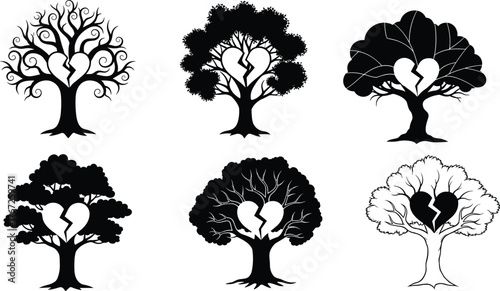 Broken heart tree vector set, emotional love concept, sad romantic illustration, heartbroken nature design, relationship pain symbol, creative silhouette artwork