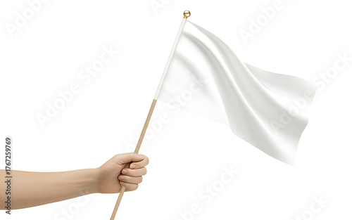 Hand holding a waving white flag against a white background