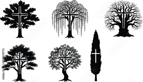Christian cross tree silhouettes, spiritual nature concept, religious faith and hope illustration, black and white sacred symbol design, Jesus cross inside tree artwork vector