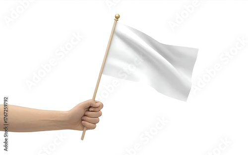 Hand waving a white flag against a white background
