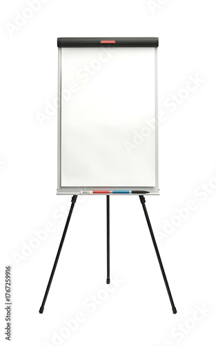 Empty whiteboard on a black tripod stand for presentations