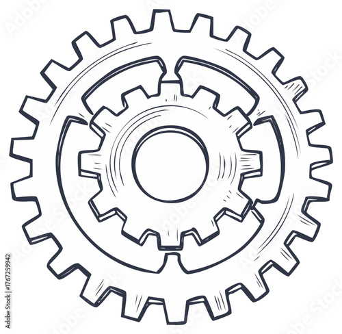 Interlocking Gears Sketch Illustration Demonstrating Mechanical Process or Teamwork Concept