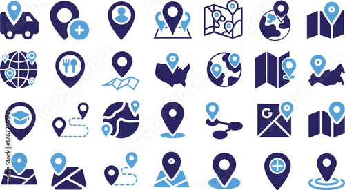 Vector Set of GPS, Map, and Location Icons: Pin Marker, Navigation, Truck Delivery, and Global Positioning