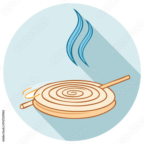 Aromatic incense spiral burning on a stick holder with rising smoke flat vector illustration