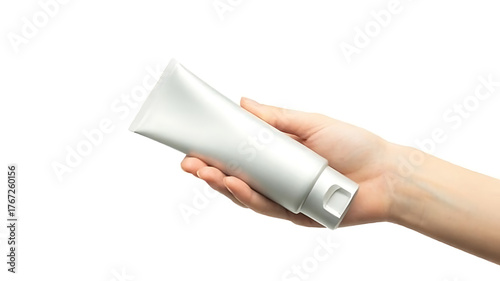 Hand holding a white cosmetic tube against a white background