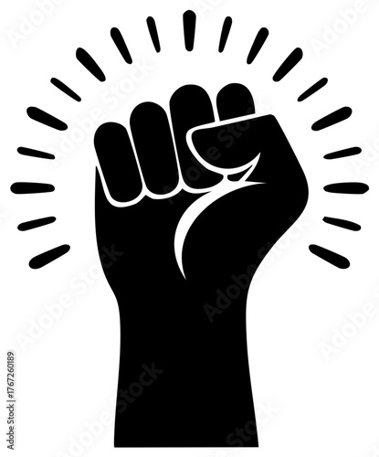 Silhouette of a raised fist with radiating lines, representing power and protest.