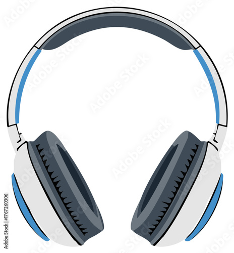 Gray and white wired headphones with blue accent for listening to music.