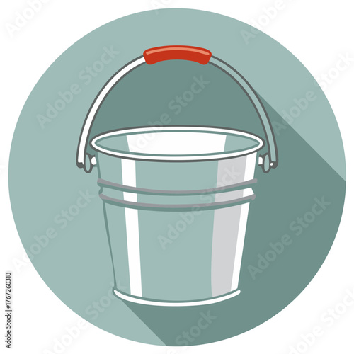 Illustration of a Gray Metal Bucket with Handle on a Light Teal Circular Background