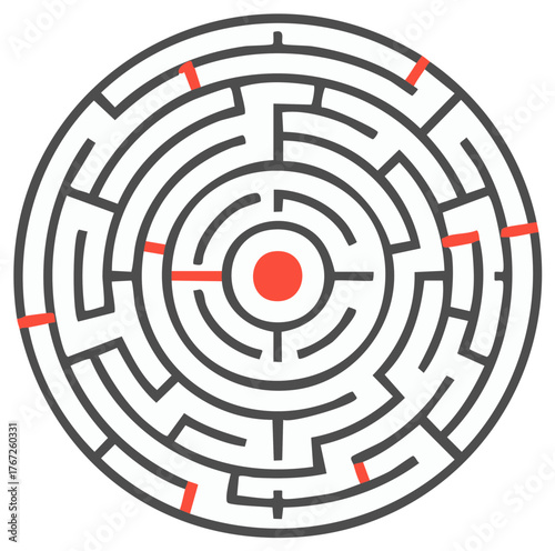 Circular Maze Illustration with Red Pathway Sections and Central Target