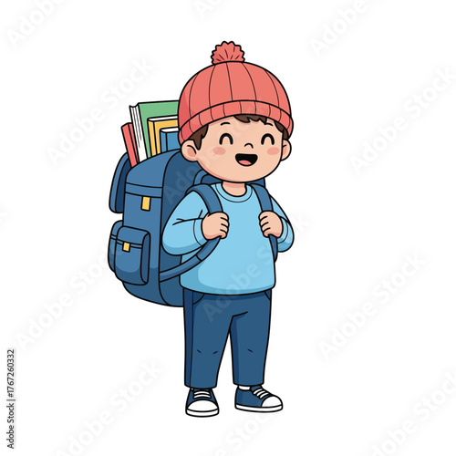 Cute cartoon schoolboy smiling with backpack full of books ready for learning