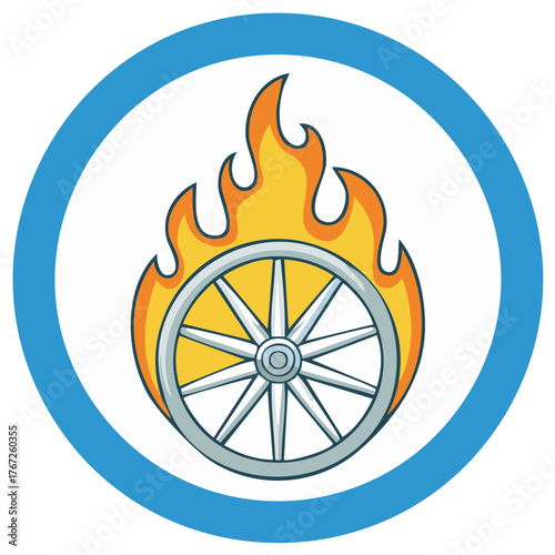 Burning vintage wagon wheel icon. Cartoon vector illustration of a fiery old wheel inside a blue circle.