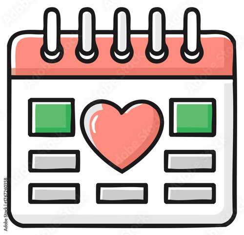 Calendar icon displaying pink heart with green and white day marks, for romance or event planning