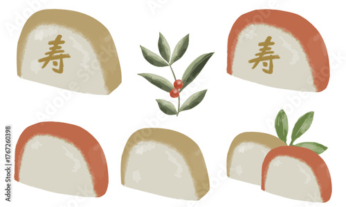 紅白の蒲鉾（かまぼこ）のイラスト素材セット（おせちやお祝い事のお料理の素材として）