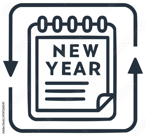 New Year Calendar Page with Circular Arrows Icon Representing Time Passing