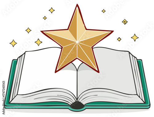 Opened Teal Book with Gold Star and Sparkling Accent Shapes Education Design