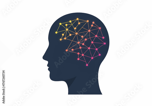 Dark blue silhouette of a human head with a network of orange and pink connections on a white background.