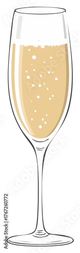 Classic champagne flute filled with golden bubbly champagne wine and effervescent bubbles
