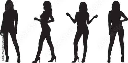 Female silhouette poses, fashion stance vector, high heel figure, stylish posture, black profile art, expressive movement, tight outfit, isolated white background