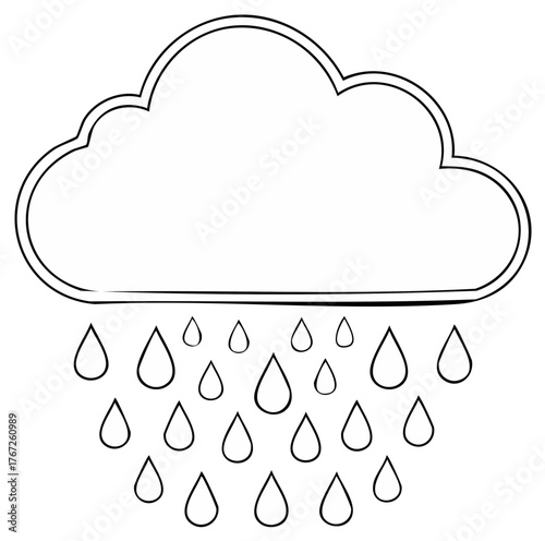 A simple black and white line art drawing of a cartoon cloud with falling raindrops for a coloring page