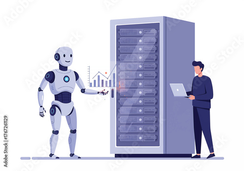 Illustration of a robot presenting data to a businessman in a suit with a server in the background.