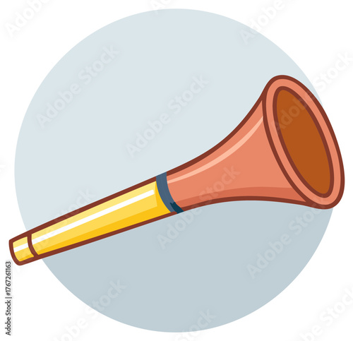 Animated illustration of a vuvuzela horn in bright yellow and coral colors with a blue band