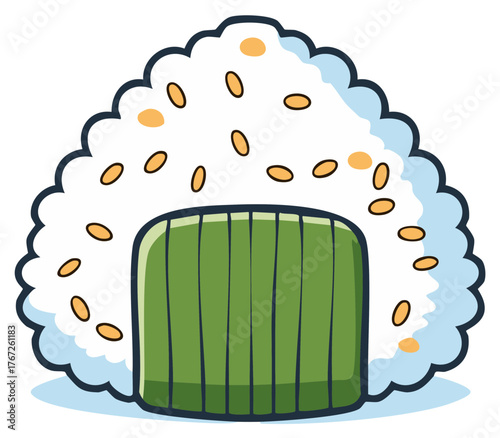 Cute cartoon Japanese onigiri rice ball with sesame seeds and nori wrap illustration