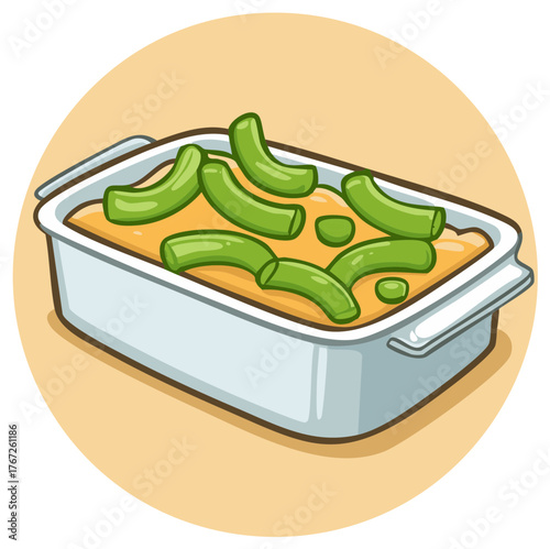 Cartoon casserole dish with green beans savory comfort food meal illustration