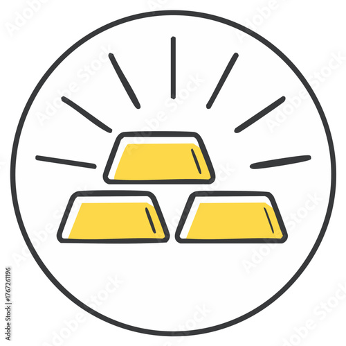 Vivid hand drawn gold bars icon depicting stacked ingots radiating shine for wealth and prosperity