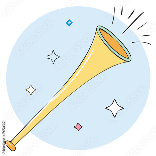 Vector illustration of a yellow horn blowing for a festive party or announcement