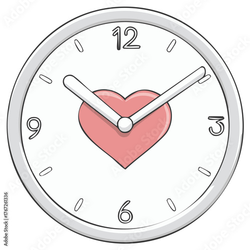 Time for love depicted with clock showing heart in center instead of number. Romantic illustration.