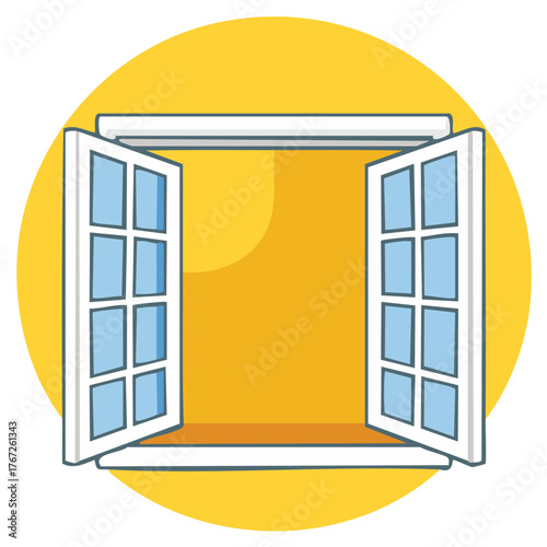 Illustration of open white window against yellow backdrop letting sunlight in for airy light concept