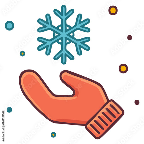 Stylized hand in a glove catching a large blue snowflake surrounded by colorful falling snow dots
