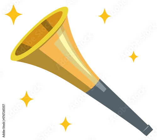 Illustration of a Fanfare Horn with Gold Stars Isolated on White