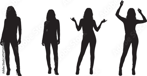 Female silhouette poses, fashion stance vector, high heel figure, stylish posture, black profile art, expressive movement, tight outfit, isolated white background