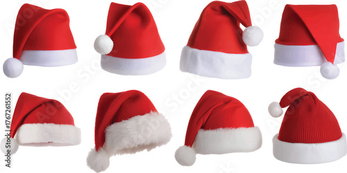 Collection of Santa Claus hats various styles of red and white Christmas hats isolated on white background