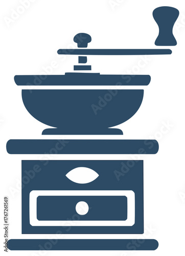 Vintage manual coffee grinder with hand crank. Simple flat vector icon for coffee preparation and cafes.