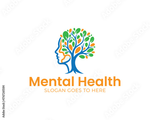 Mental health logo with a head and leaf design on white background isolated on white background a symbol of wellness, mindfulness, and psychological wellbeing