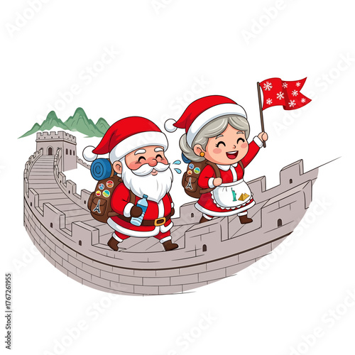 Santa Claus and Mrs. Claus happily hiking on the Great Wall of China, carrying backpacks and a festive flag.