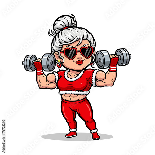 A muscular, fit, and strong elderly woman dressed in a festive red Santa-themed outfit, wearing heart-shaped sunglasses, and lifting dumbbells.