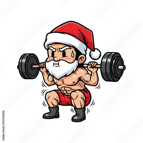 Cartoon Santa Claus performing a barbell squat exercise, showing strength and fitness.
