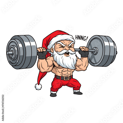 Muscular Santa Claus cartoon character lifting a heavy barbell with a strained expression, showing strength and holiday fitness.