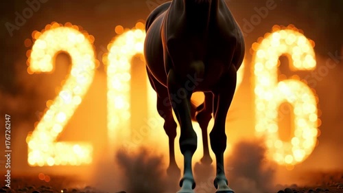 A brown horse gallops towards the viewer in front of fiery numbers representing the year 2026. The background is illuminated with bright flames.
