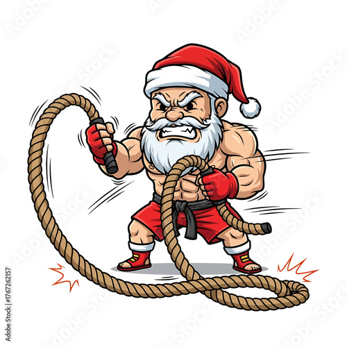 Muscular Santa Claus in boxing gear intensely working out with heavy battle ropes, showing strength and determination.