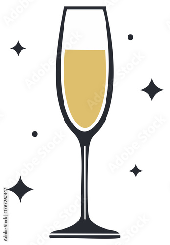 Champagne flute with sparkling stars and dots on white background celebratory drink