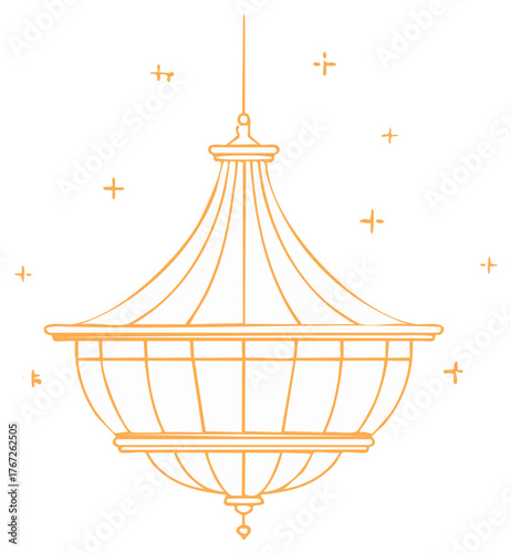 Chandelier Line Art with Decorative Stars, Hanging Light Fixture Illustration