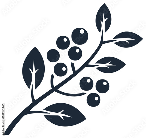 Stylized berry branch illustration showing leaves and clusters of round berries in a monochrome vector image