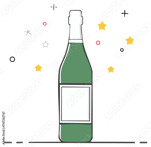 Cartoon champagne bottle with stars, festive celebration design.