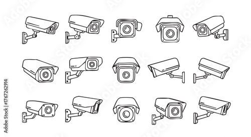 Security Cameras Surveillance System Outline Pattern on White Background Stock