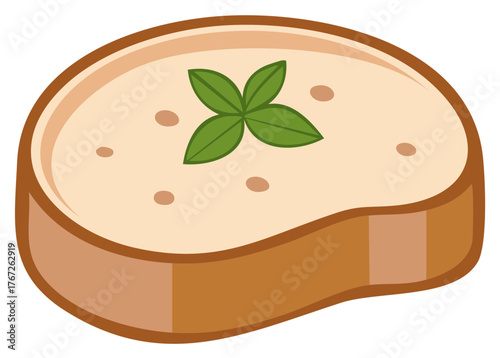 Delicious appetizer pate on toasted bread slice with fresh basil leaf topping
